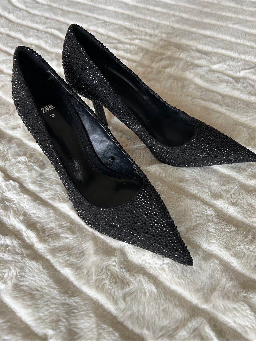 ZARA Black Crystal-Studded Pointed Toe Pumps